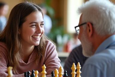 A teenager and a senior citizen laughing while playing a game of chess.
