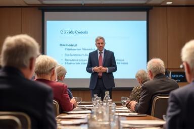 A speaker presenting to a small, attentive audience in a meeting room.