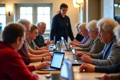 A group of seniors gathered around a table with laptops and tablets.