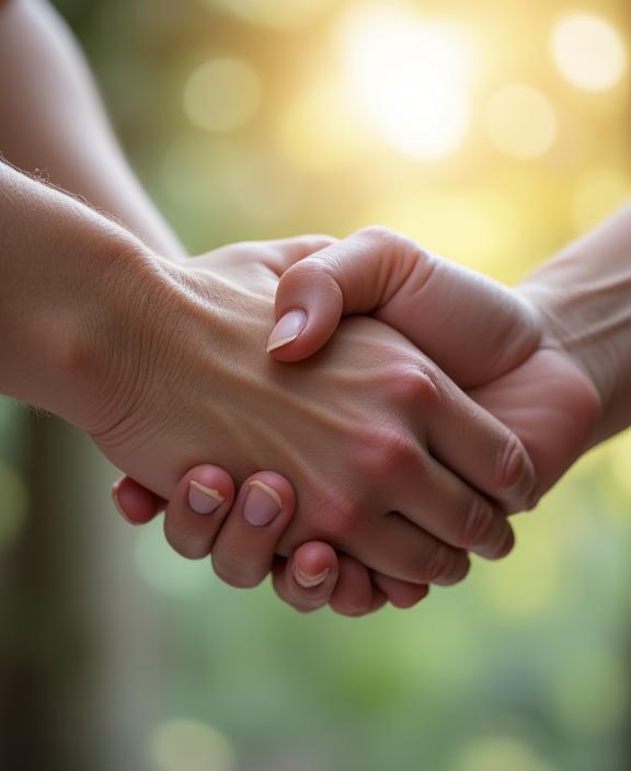 A close-up of a caregiver's hand gently holding a senior's hand.