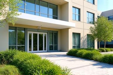 A modern and bright assisted living facility exterior.