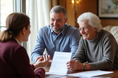 A friendly advisor discussing a document with a senior couple at their home.