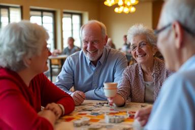 Seniors laughing together during a board game afternoon.