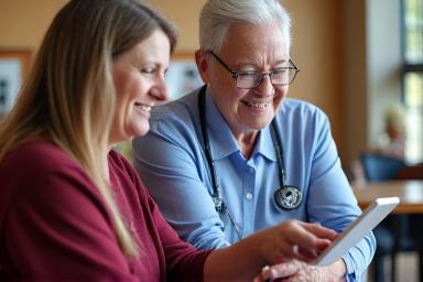 A volunteer patiently showing a senior woman how to use a tablet.