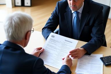 An advisor sitting at a desk with paperwork and a calculator, explaining a form to a client.