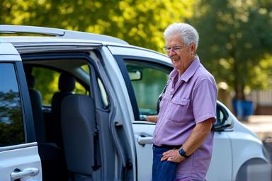 A friendly driver assisting a senior out of a modern, accessible minivan.